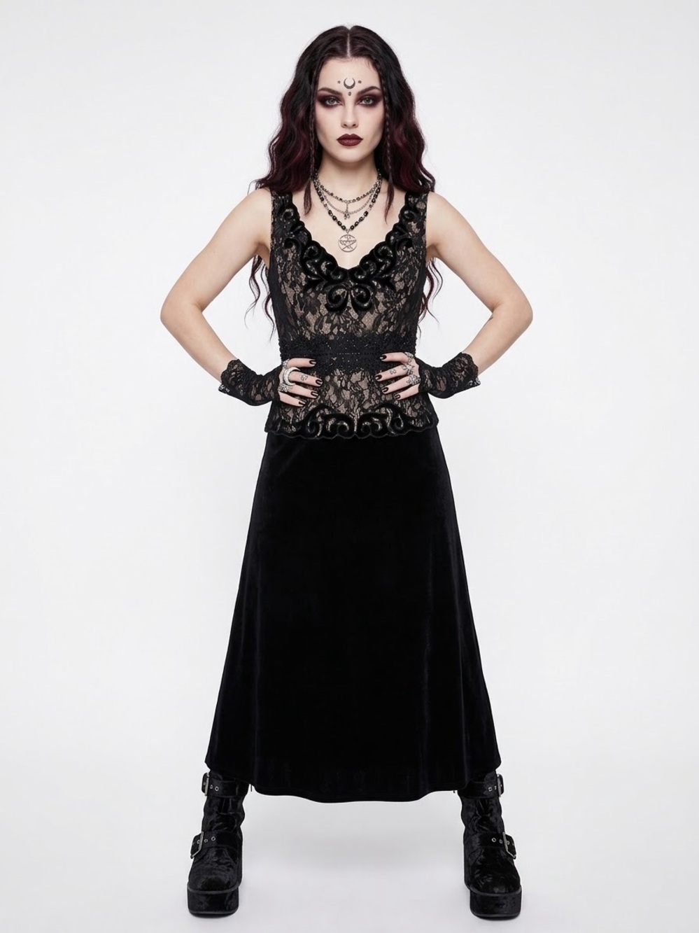 Whimsigoth Black Velvet Lace Witchy Midi Dress Beaded Silk Vampirecore Ren Fair